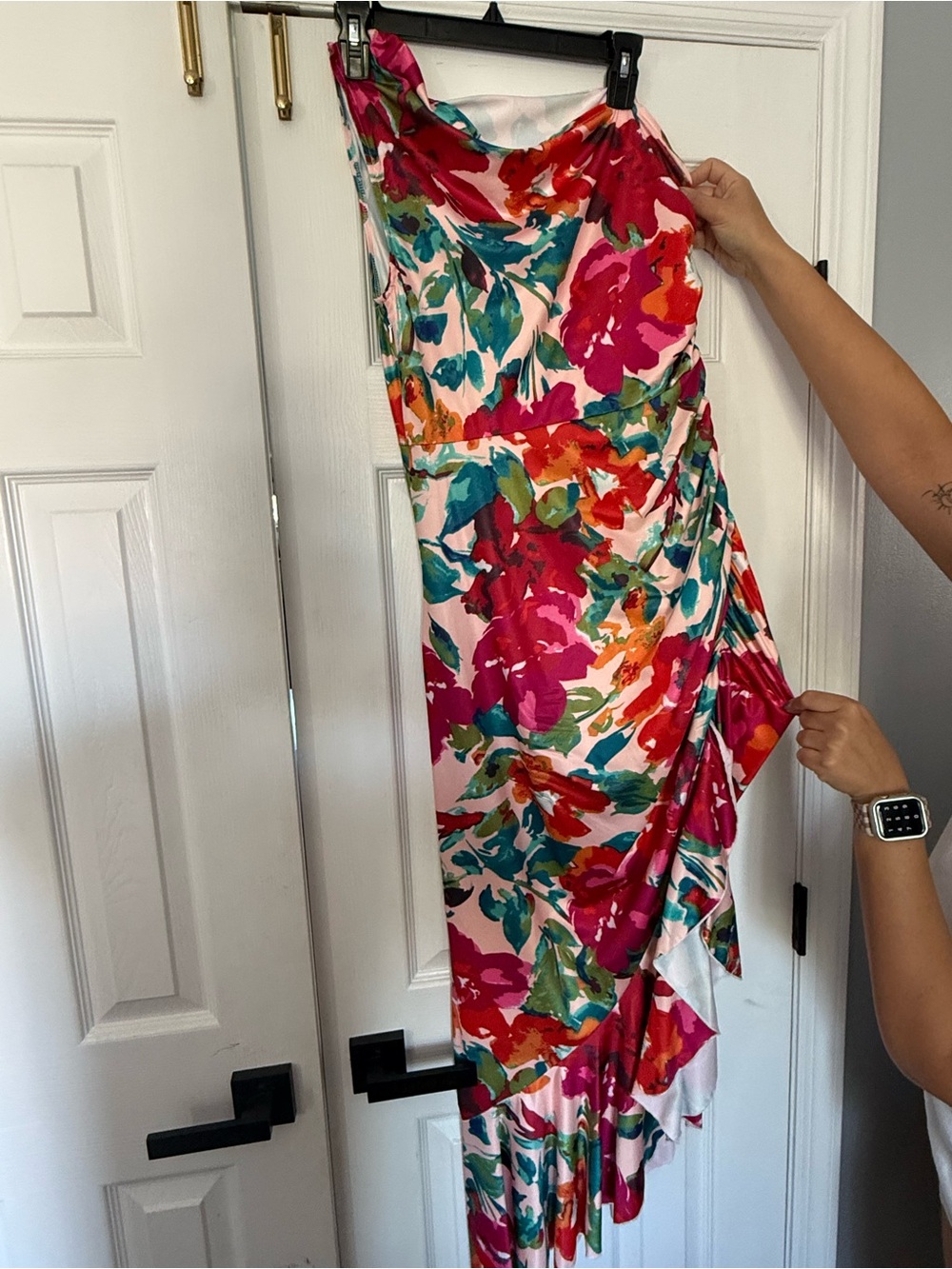 SHEIN One-Shoulder Floral Dress in Pink, Green & Orange